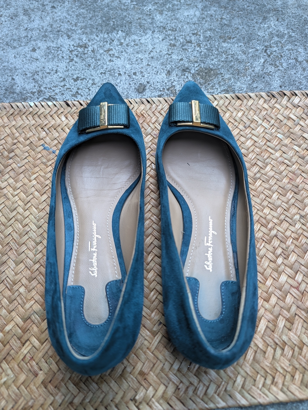 Salvatore Ferragamo Teal Suede Pointed-Toe Varina Flats with Bow